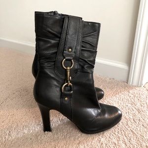 Black Coach Torree Ankle Boots with Brass Buckle